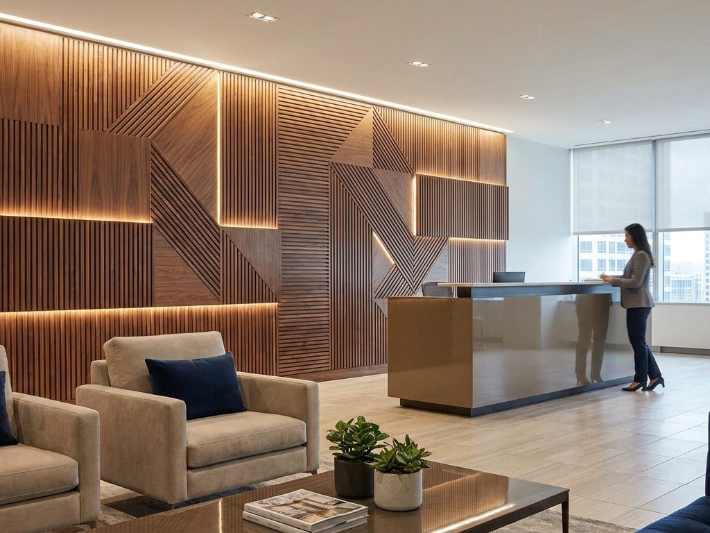 Retail or commercial interior with a modern wallpaper accent wall