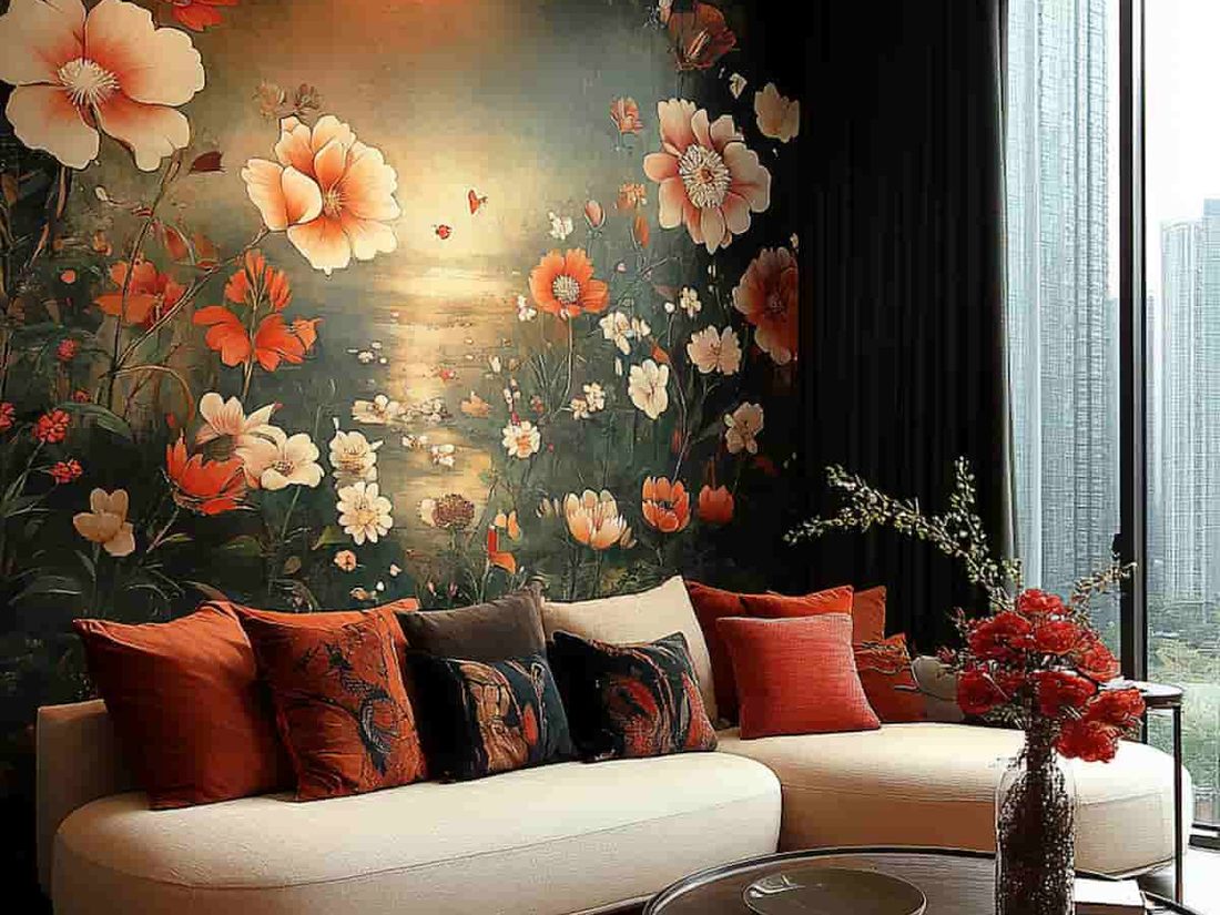 Oversized custom mural wallpaper installed in a modern living room