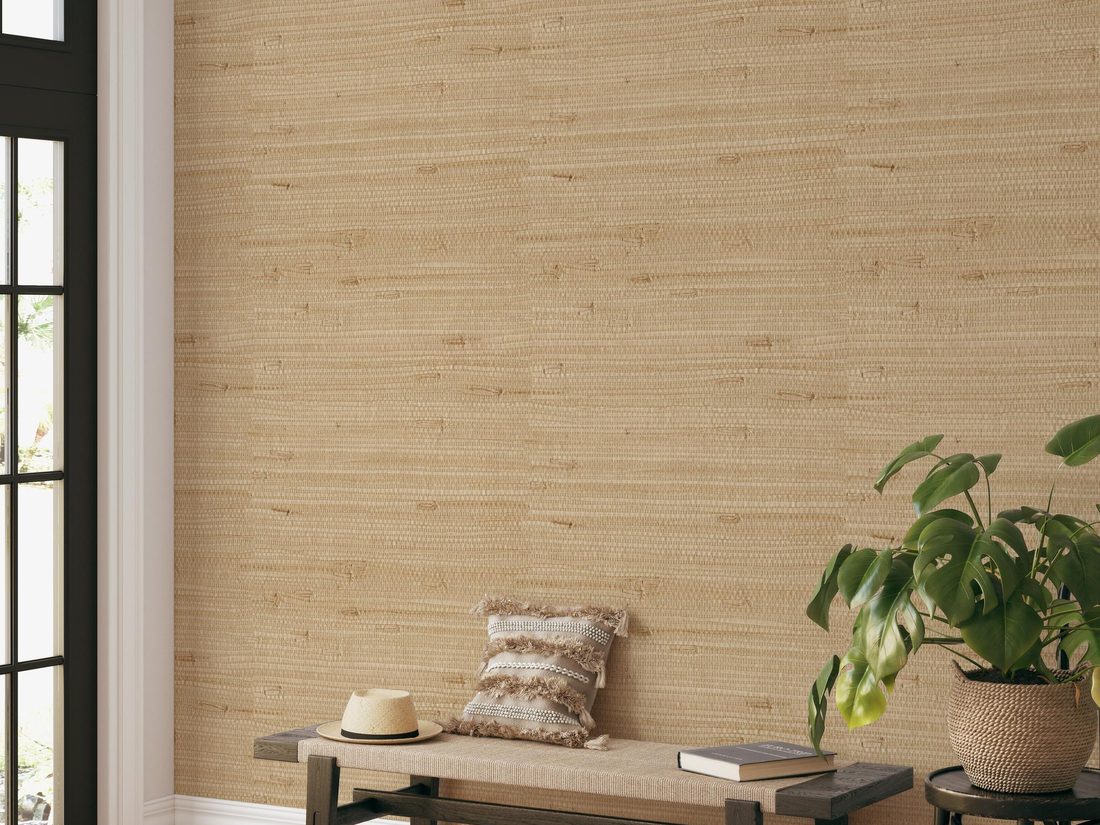 Close detail of textured grasscloth wallcovering material