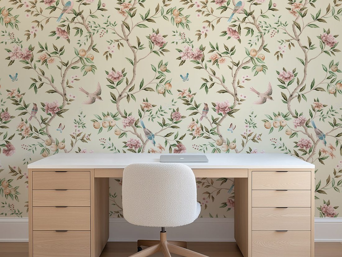 Home office installation with a subtle patterned wallcovering