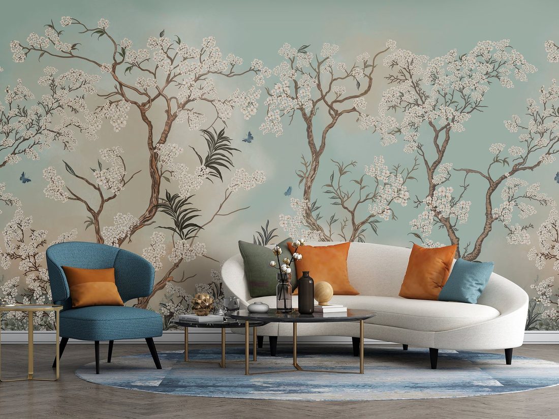 Contemporary living room with a botanical wallpaper feature wall